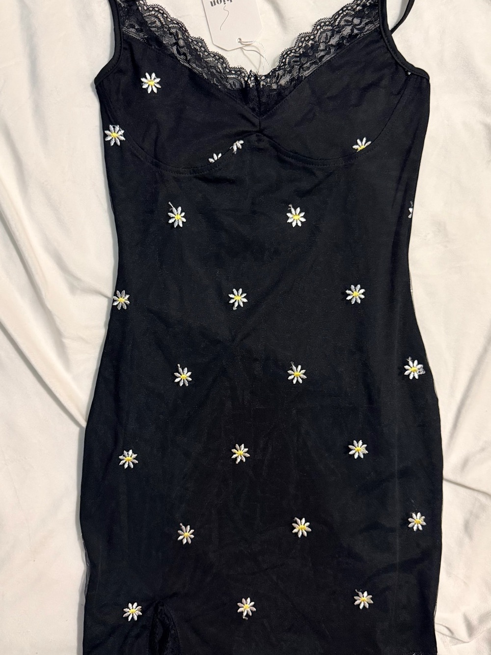 Daisy-Embroidered Black Lace-Trim Mini Dress